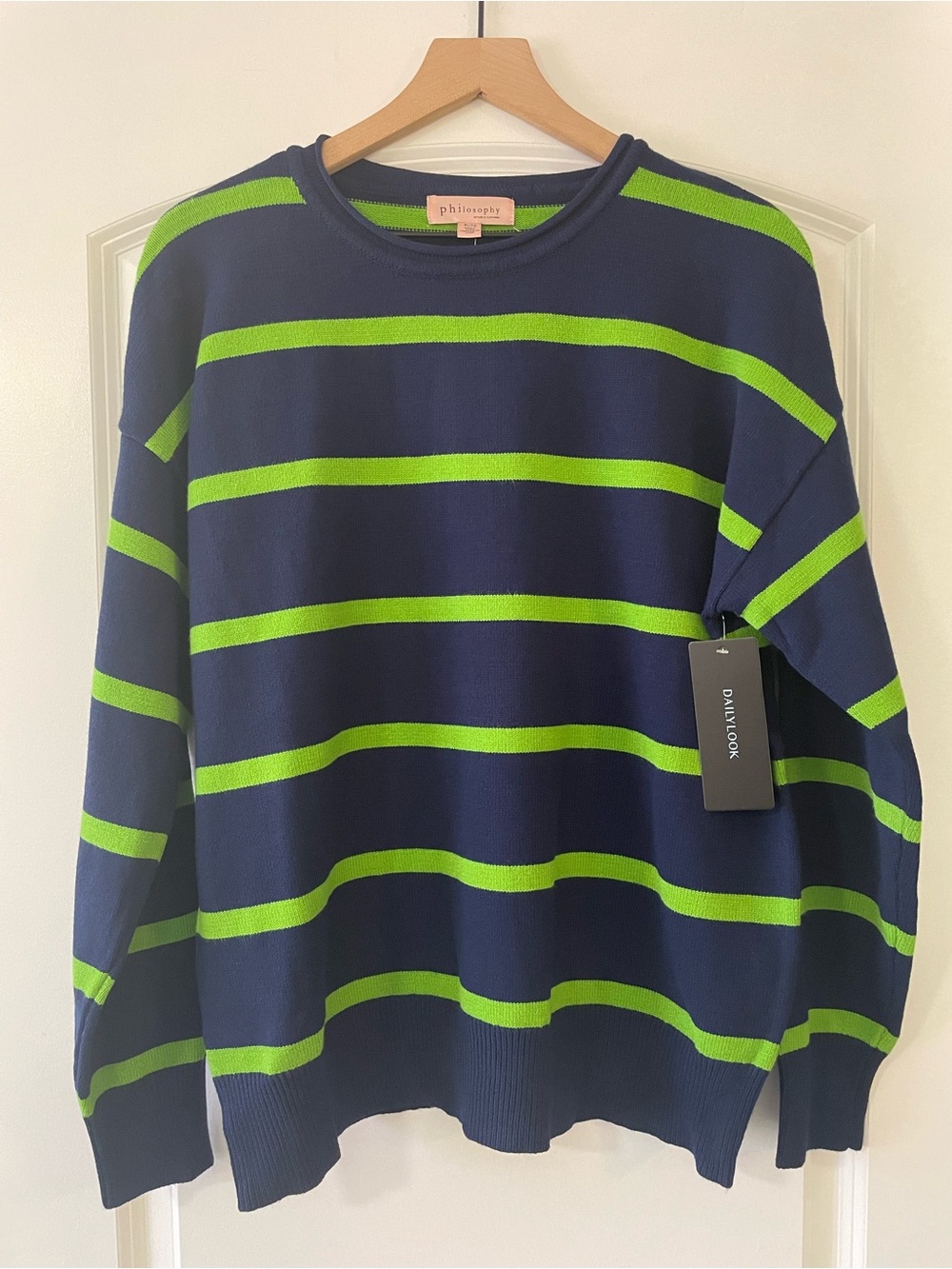 Philosophy Navy & Lime Green Striped Crewneck Sweater Size XL NWT